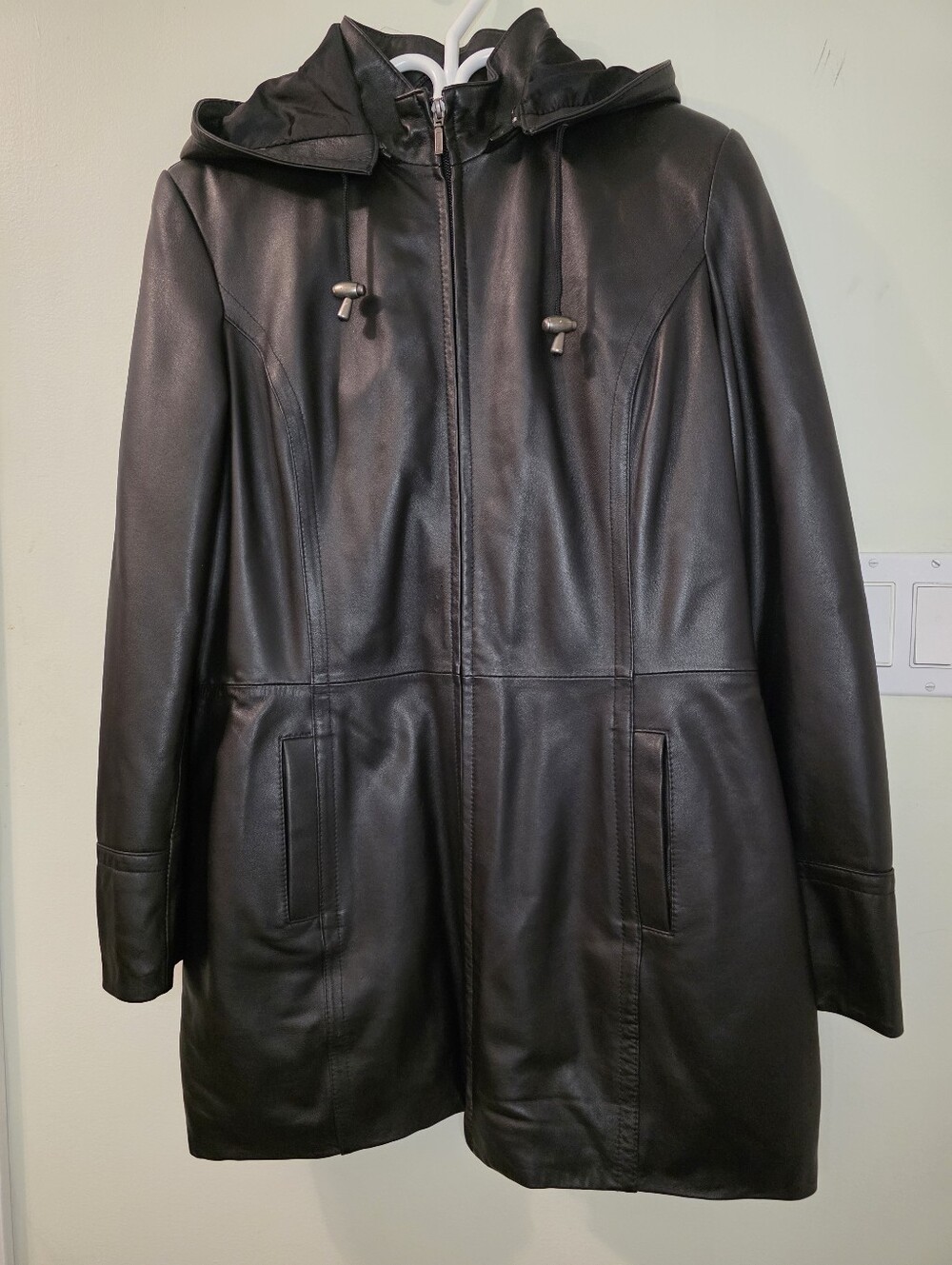 Danier Vintage Mid-Length Black Leather Hooded Jacket